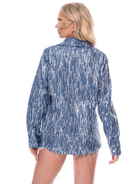 WOMEN'S LONG SLEEVE BUTTON UP SEQUINS FRINGE TOP