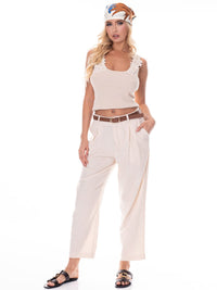 WOMEN'S BUTTON CLOSURE POCKETS BELTED WIDE LEG PANTS