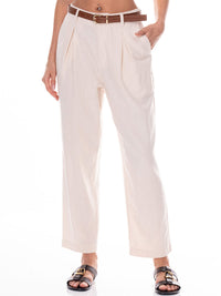 WOMEN'S BUTTON CLOSURE POCKETS BELTED WIDE LEG PANTS