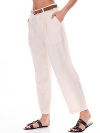 WOMEN'S BUTTON CLOSURE POCKETS BELTED WIDE LEG PANTS