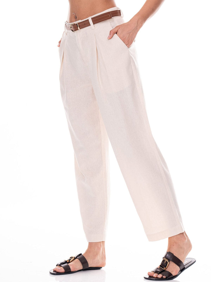 WOMEN'S BUTTON CLOSURE POCKETS BELTED WIDE LEG PANTS