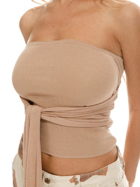 WOMEN'S SLEEVELESS SELF TIE RIBBED TUEB TOP