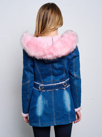 WOMEN'S LONG SLEEVE ZIP UP REMOVABLE SHERPA DETAILED HOODED DENIM JACKET