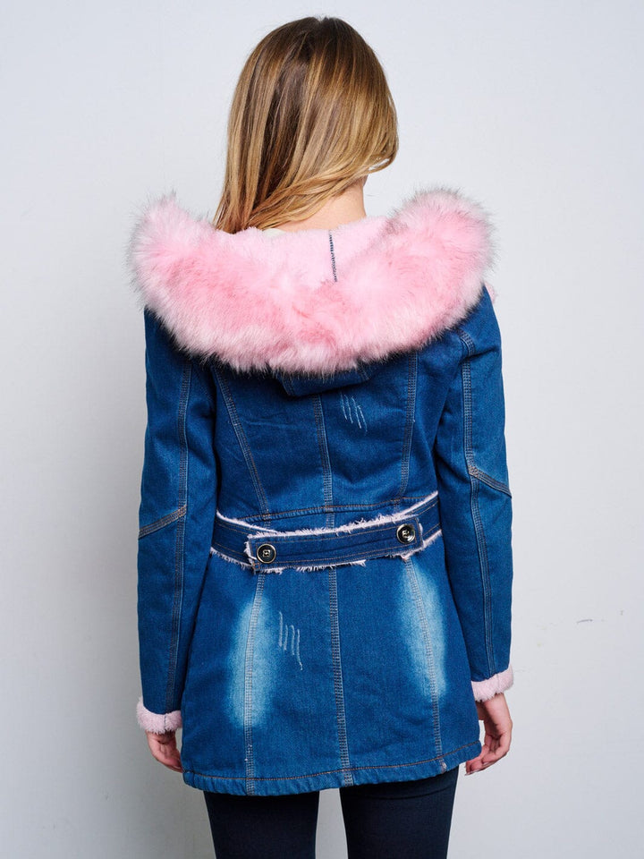 WOMEN'S LONG SLEEVE ZIP UP REMOVABLE SHERPA DETAILED HOODED DENIM JACKET