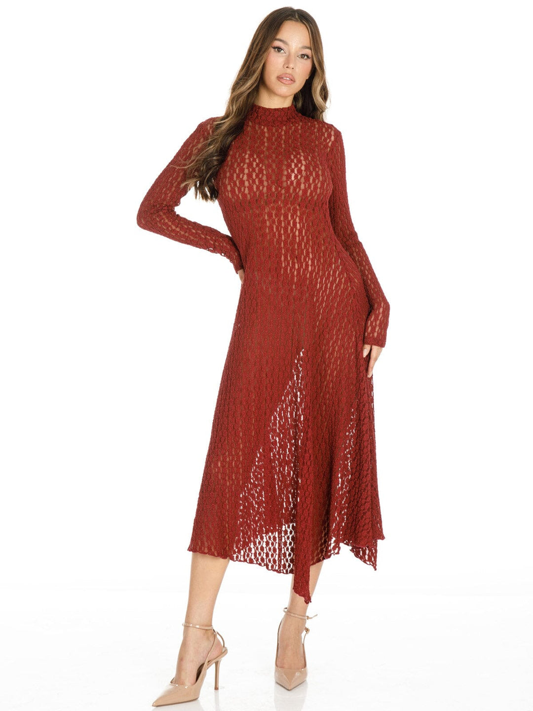 WOMEN'S LONG SLEEVE MOCK NECK LACE MAXI DRESS