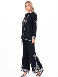 WOMEN'S LONG SLEEVE BUTTON UP EMBROIDERY LINEN TOP