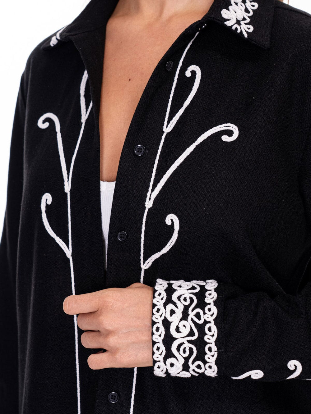 WOMEN'S LONG SLEEVE BUTTON UP EMBROIDERY LINEN TOP