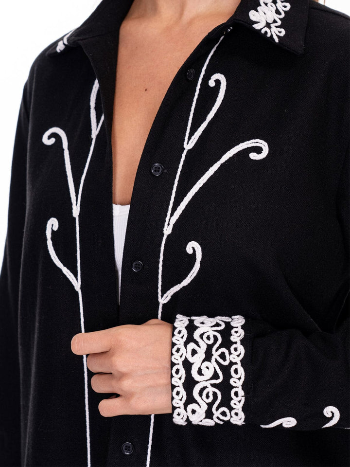 WOMEN'S LONG SLEEVE BUTTON UP EMBROIDERY LINEN TOP