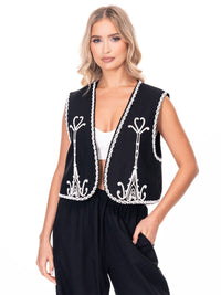 WOMEN'S SLEEVELESS OPEN FRONT EMBROIDERY LINEN VEST