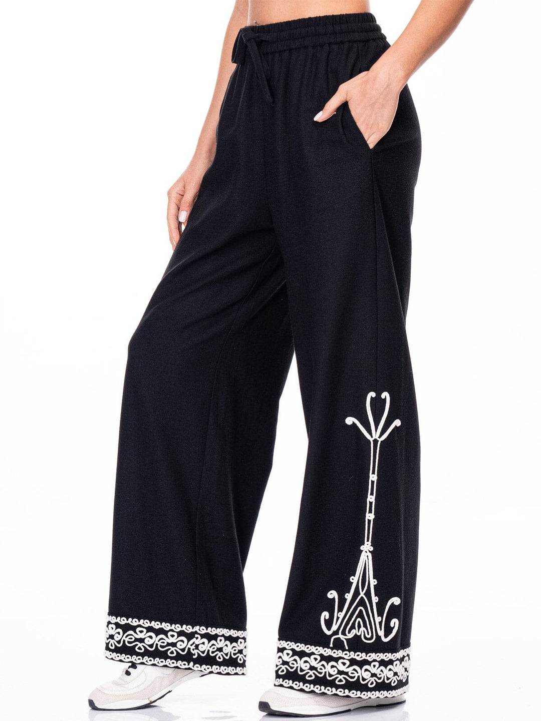 WOMEN'S ELASTIC WAIST FRONT POCKETS EMBROIDERY LINEN PANTS