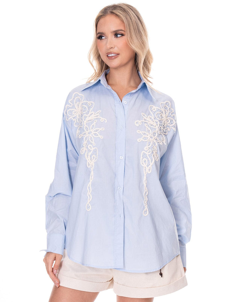 WOMEN'S LONG SLEEVE BUTTON UP PEARL DETAILED BLOUSE