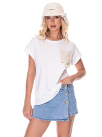 WOMEN'S SHORT SLEEVE FRONT CROCHET POCKET T-SHIRT