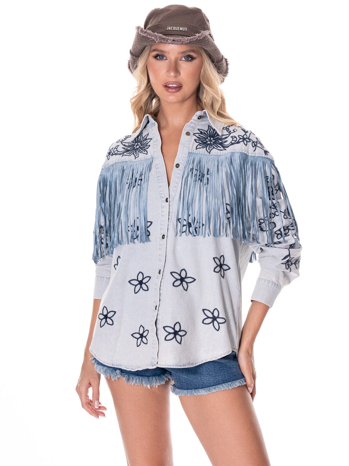 WOMEN'S LONG SLEEVE BUTTON UP EMBROIDERY FLORAL FRINGE DENIM SHIRT