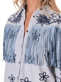 WOMEN'S LONG SLEEVE BUTTON UP EMBROIDERY FLORAL FRINGE DENIM SHIRT