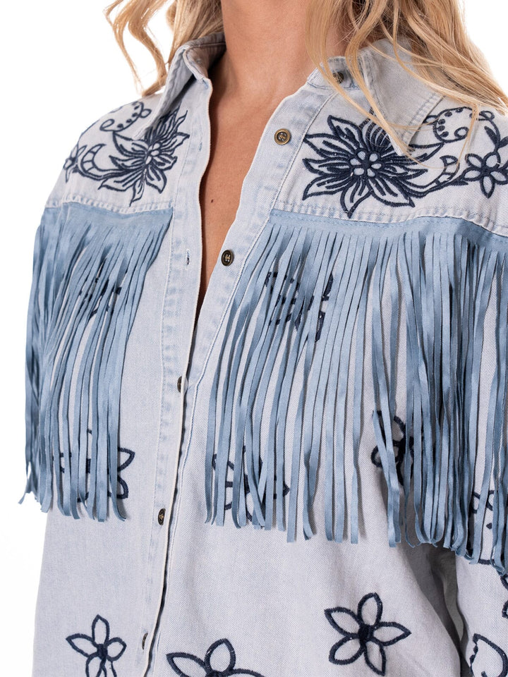 WOMEN'S LONG SLEEVE BUTTON UP EMBROIDERY FLORAL FRINGE DENIM SHIRT
