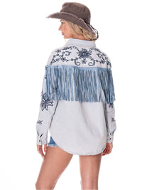 WOMEN'S LONG SLEEVE BUTTON UP EMBROIDERY FLORAL FRINGE DENIM SHIRT