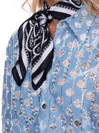 WOMEN'S LONG SLEEVE BUTTON UP SEQUINS DISTRESS DENIM TOP