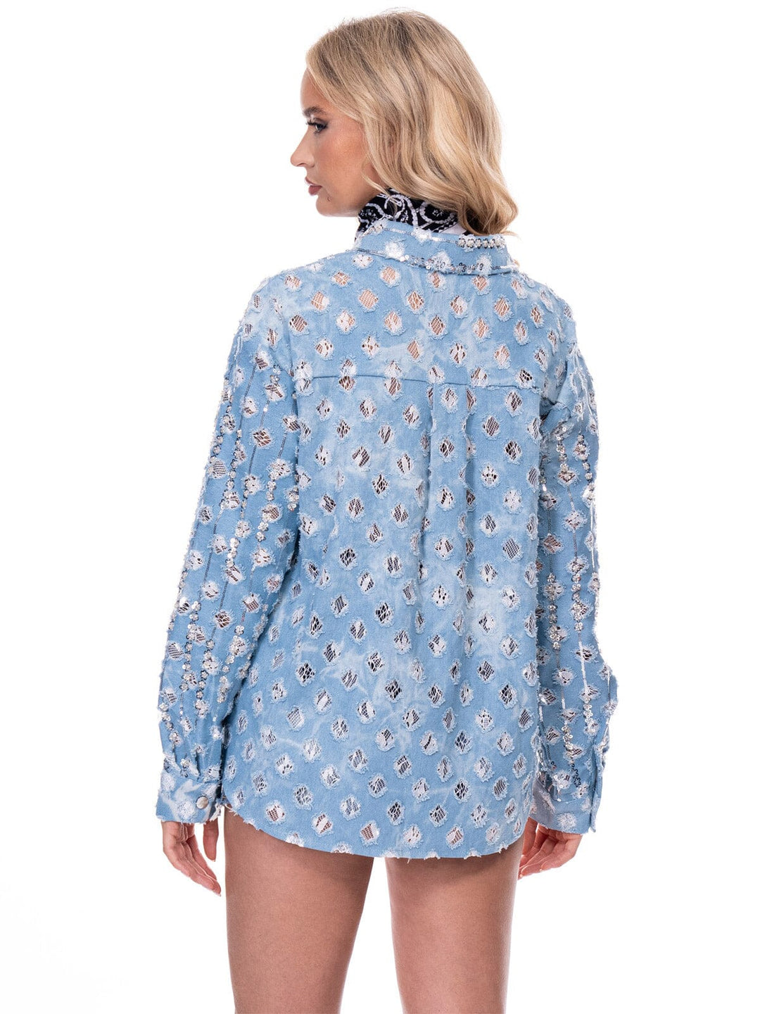 WOMEN'S LONG SLEEVE BUTTON UP SEQUINS DISTRESS DENIM TOP