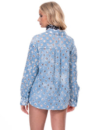 WOMEN'S LONG SLEEVE BUTTON UP SEQUINS DISTRESS DENIM TOP