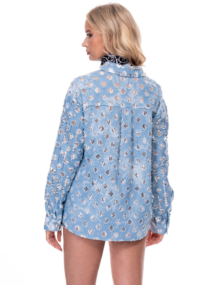 WOMEN'S LONG SLEEVE BUTTON UP SEQUINS DISTRESS DENIM TOP