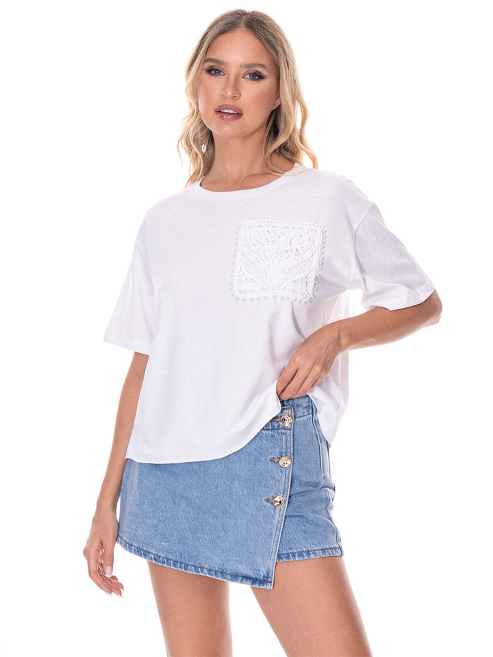 WOMEN'S SHORT SLEEVE FRONT CROCHET PEARL POCKET T-SHIRT
