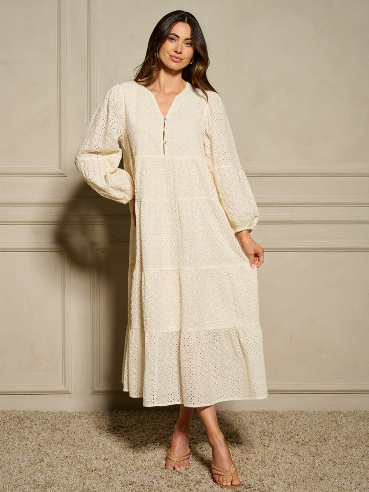 WOMEN'S LONG SLEEVE TIERED EYELET DETAILED MAXI DRESS