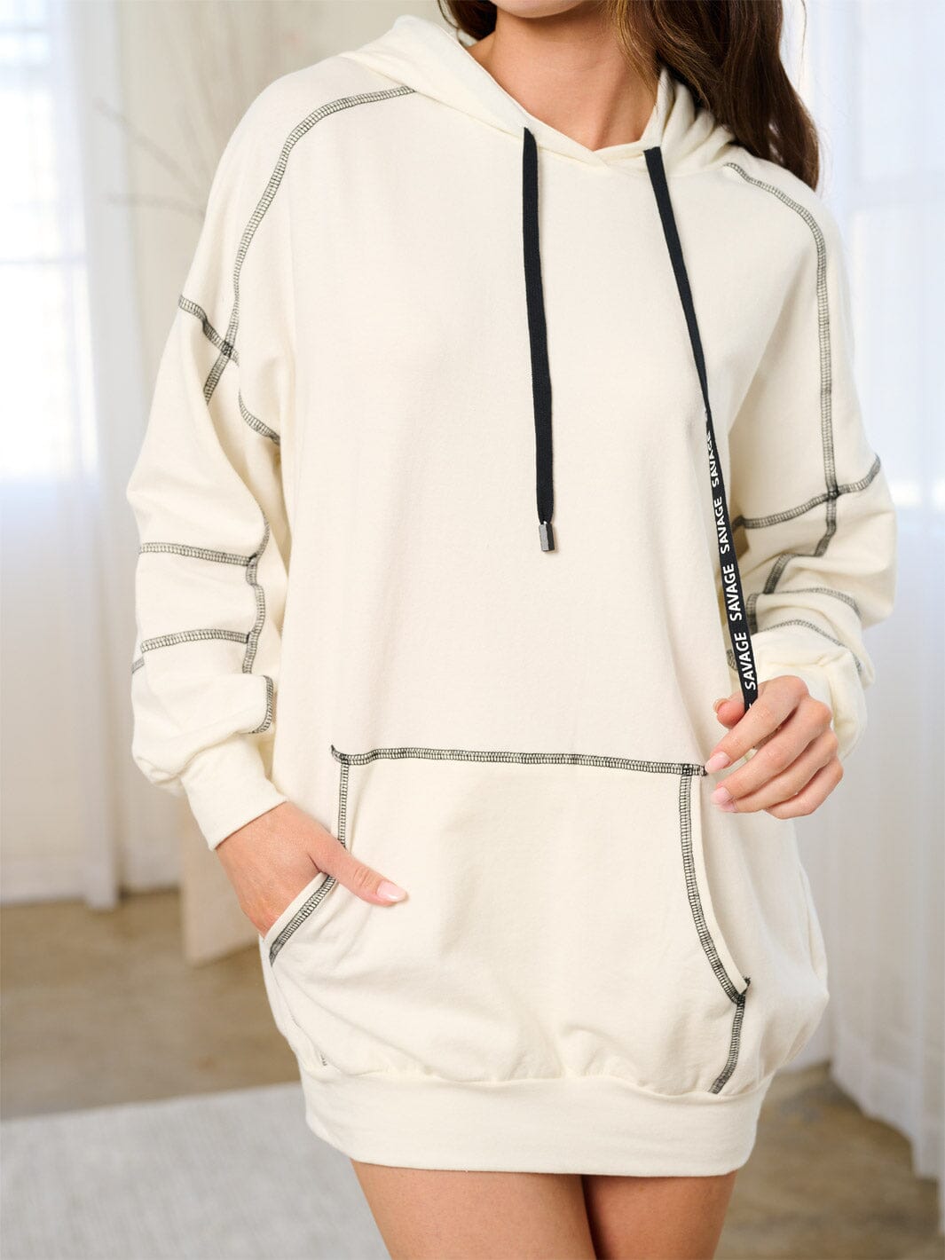 WOMEN'S LONG SLEEVE POCKETES HOODED MINI SWEATER DRESS