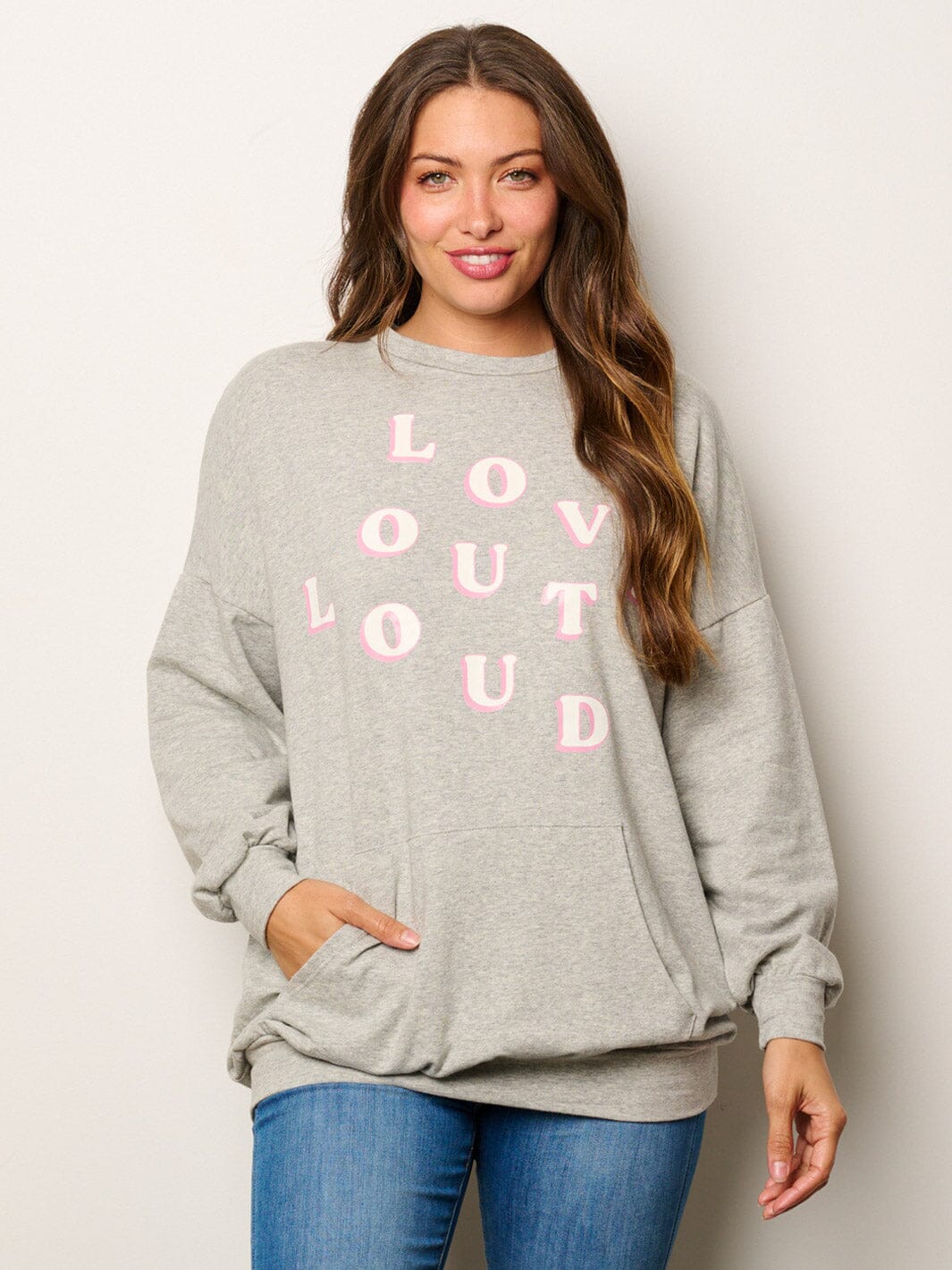 WOMEN'S LONG SLEEVE FRONT POCKETS GRAPHIC SWEATER