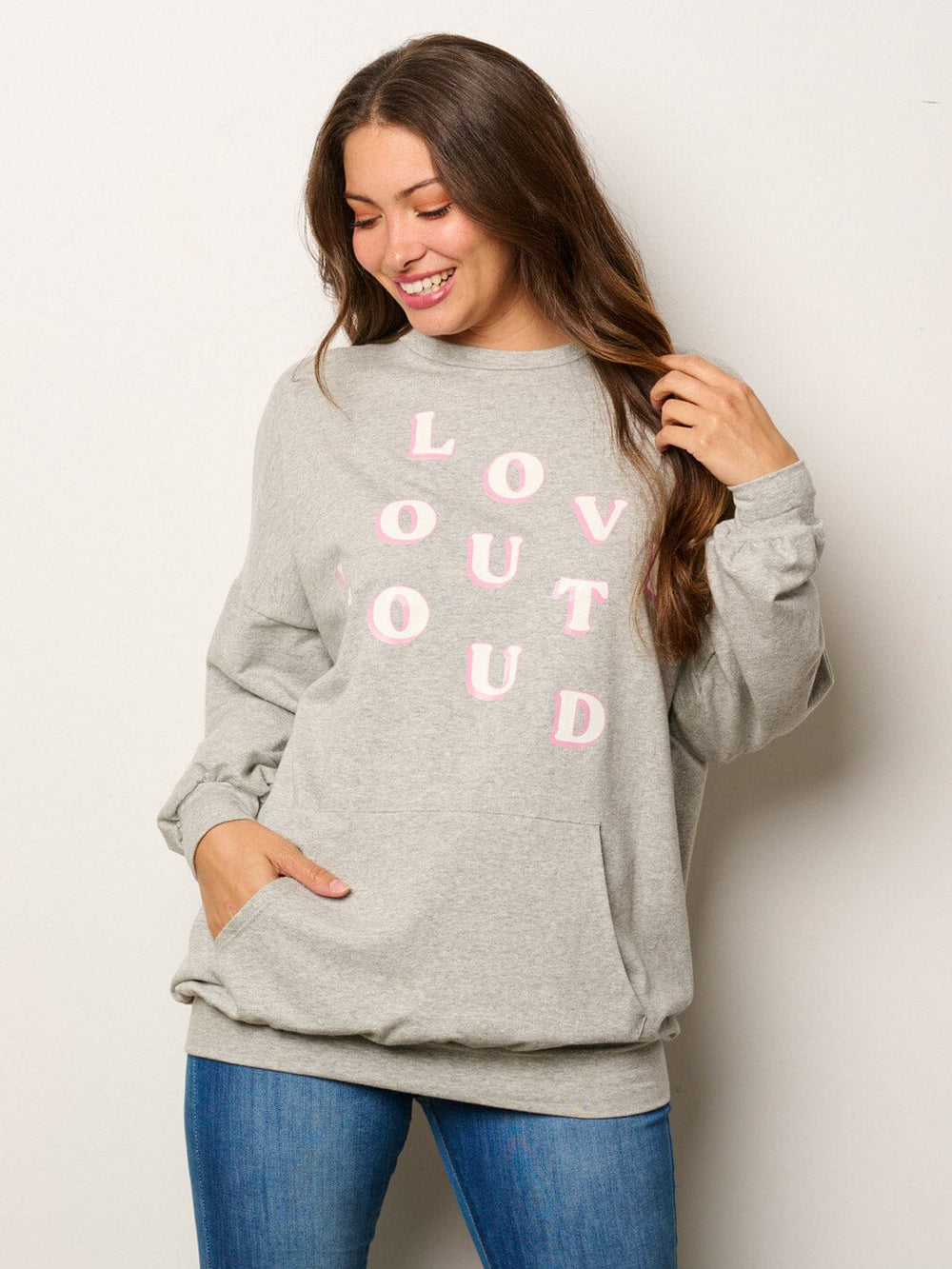 WOMEN'S LONG SLEEVE FRONT POCKETS GRAPHIC SWEATER