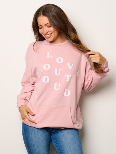 WOMEN'S LONG SLEEVE FRONT POCKETS GRAPHIC SWEATER