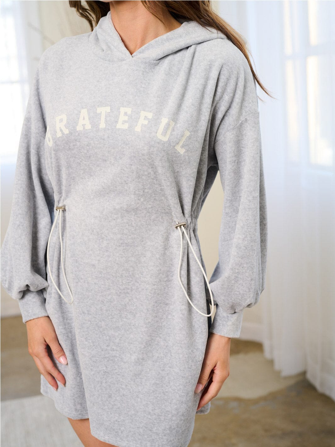 WOMEN'S LONG SLEEVE GRAPHIC HOODED MINI DRESS