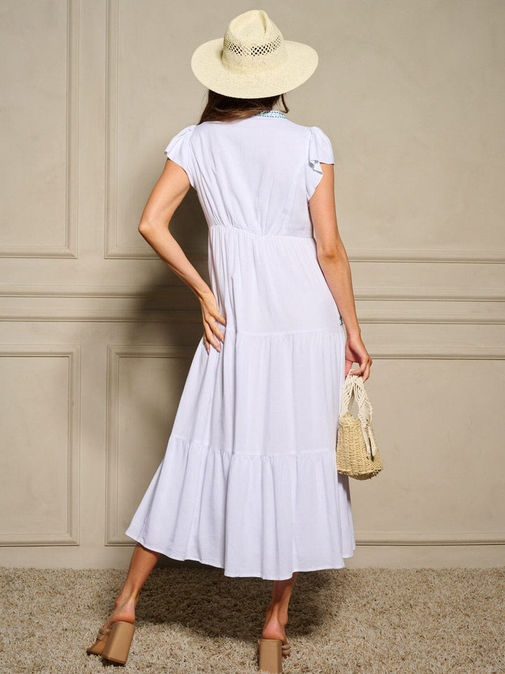 WOMEN'S SHORT SLEEVE V-NECK TIERED EMBROIDERY DETAILED MAXI DRESS