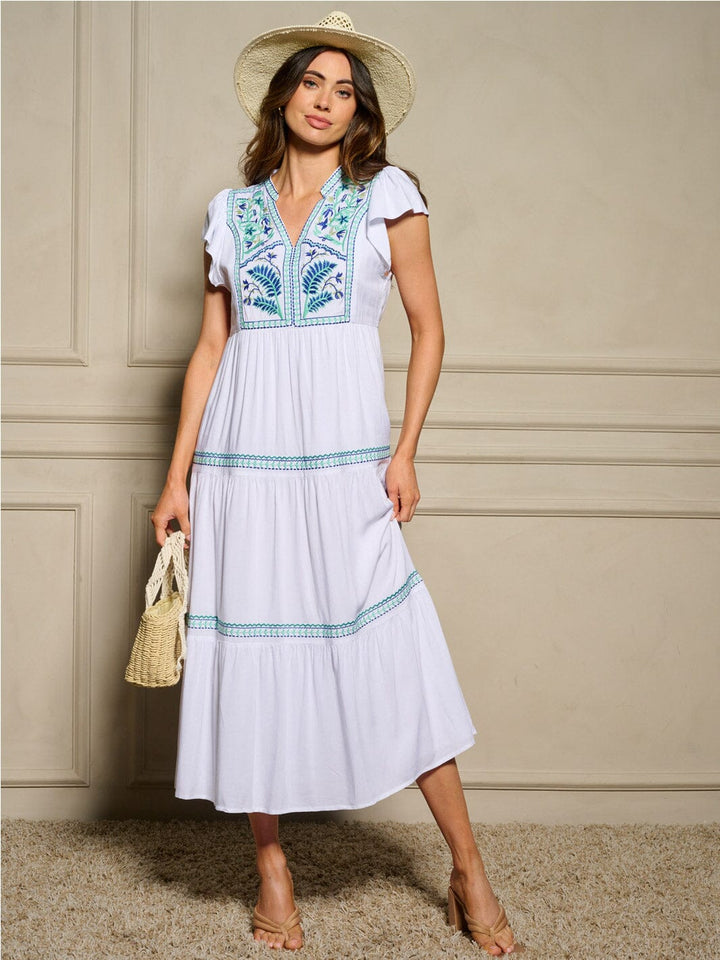 WOMEN'S SHORT SLEEVE V-NECK TIERED EMBROIDERY DETAILED MAXI DRESS