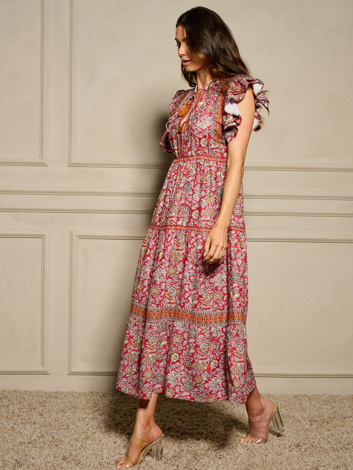 WOMEN'S RUFFLE SLEEVE V-NECK TIERED MULTI PRINT MAXI DRESS