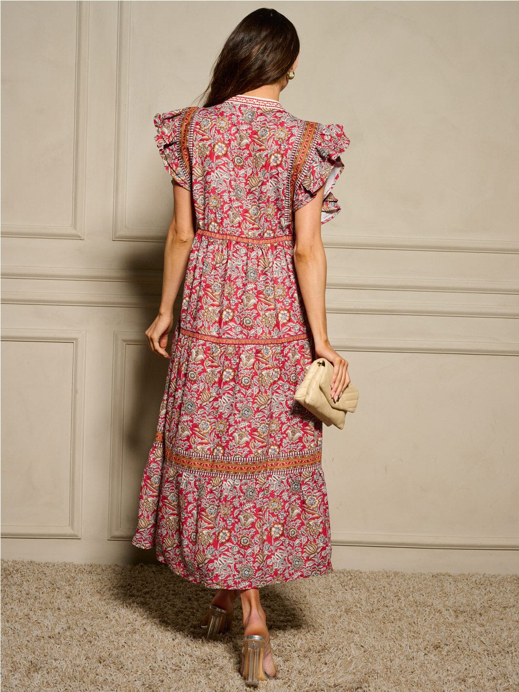 WOMEN'S RUFFLE SLEEVE V-NECK TIERED MULTI PRINT MAXI DRESS