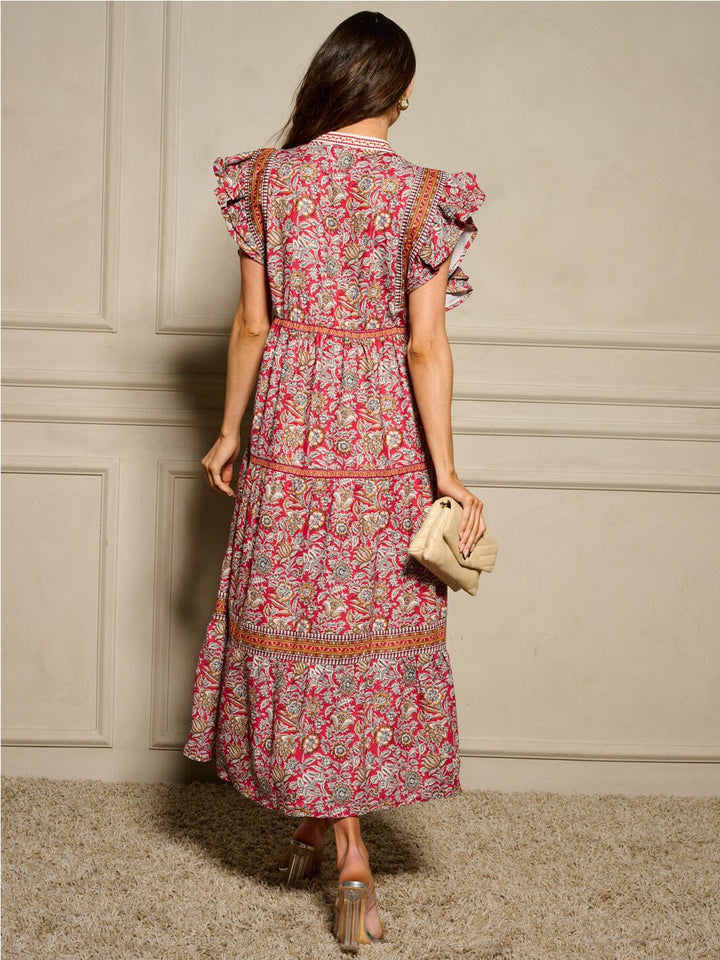 WOMEN'S RUFFLE SLEEVE V-NECK TIERED MULTI PRINT MAXI DRESS