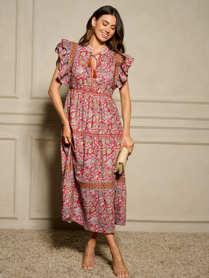 WOMEN'S RUFFLE SLEEVE V-NECK TIERED MULTI PRINT MAXI DRESS