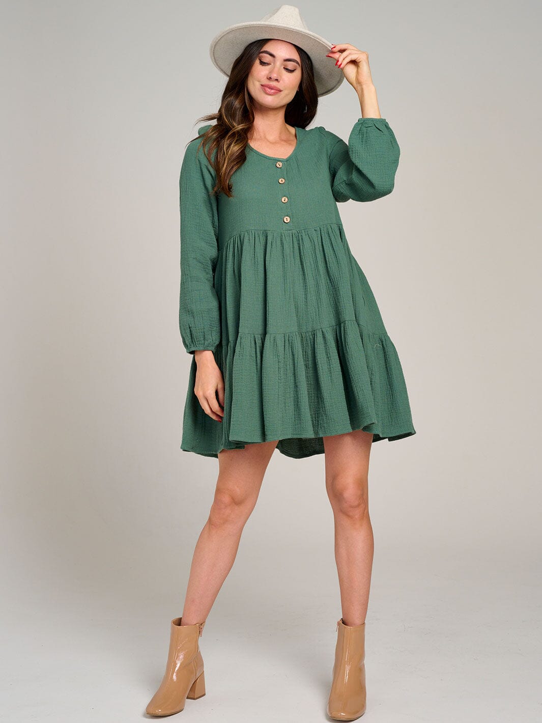 WOMEN'S LONG SLEEVE TIERED TUNIC MINI DRESS