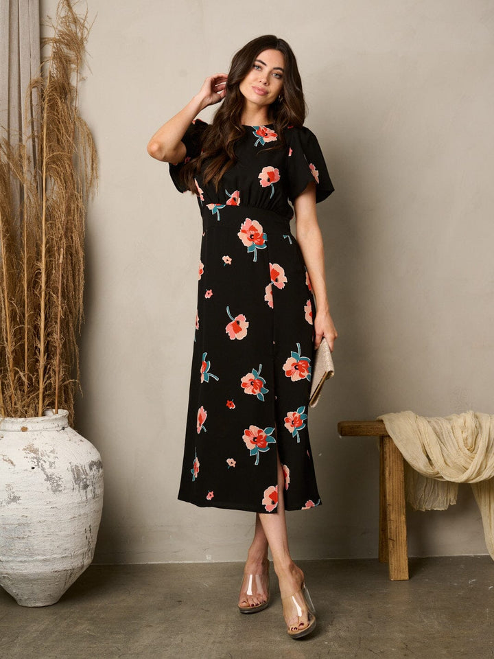 WOMEN'S SHORT SLEEVE FRONT SLIT FLORAL MIDI DRESS