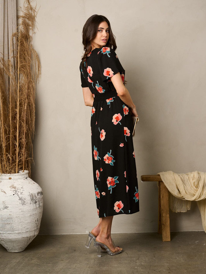 WOMEN'S SHORT SLEEVE FRONT SLIT FLORAL MIDI DRESS