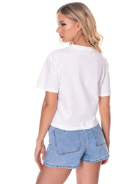 WOMEN'S SHORT SLEEVE FRONT CROCHET DETAILED T-SHIRT