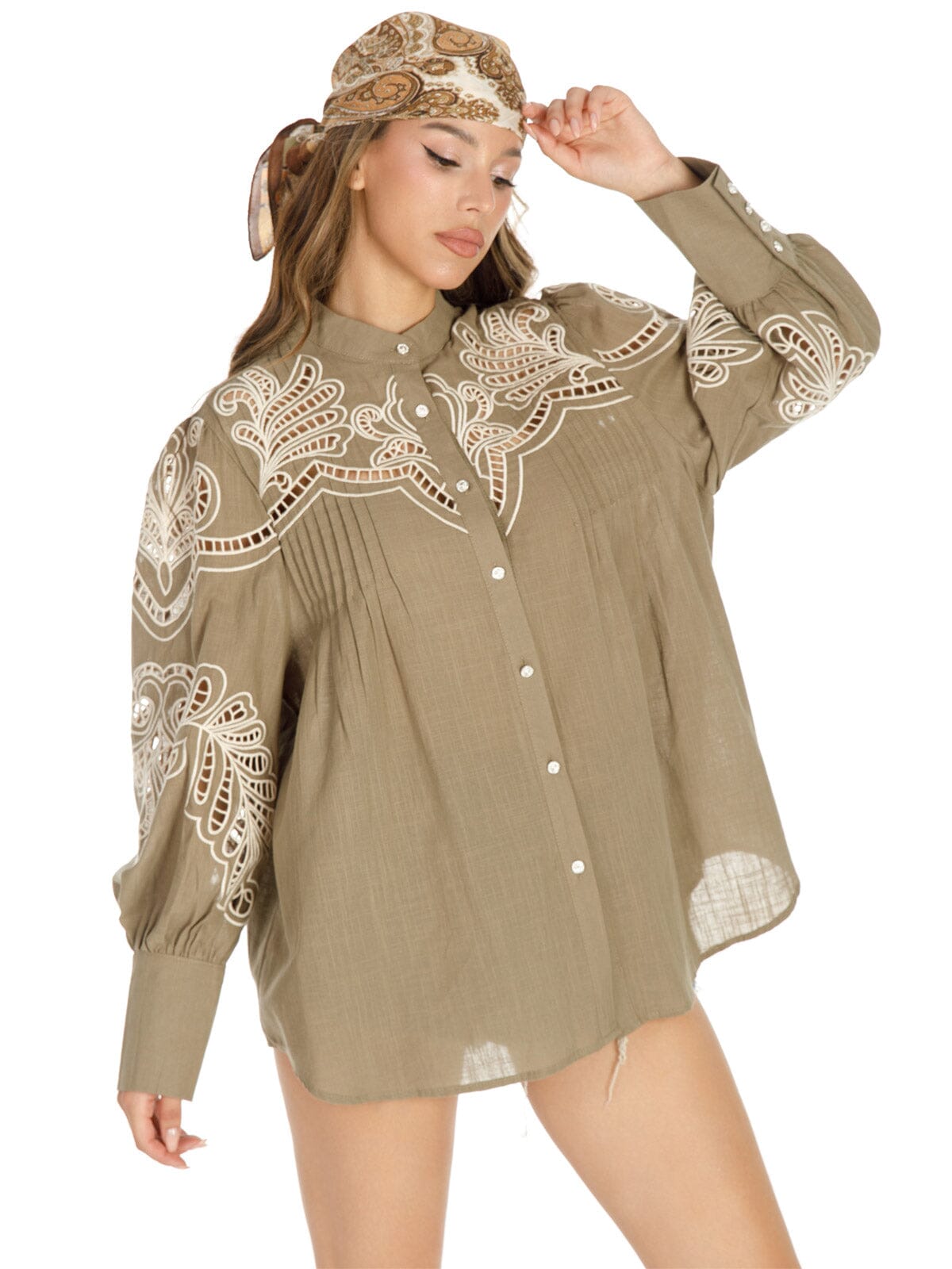 WOMEN'S LONG PUFF SLEEVE BUTTON UP EYELET DETAILED BLOUSE