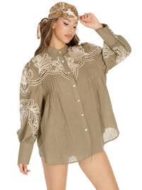 WOMEN'S LONG PUFF SLEEVE BUTTON UP EYELET DETAILED BLOUSE