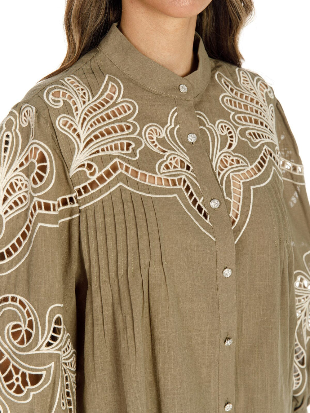 WOMEN'S LONG PUFF SLEEVE BUTTON UP EYELET DETAILED BLOUSE