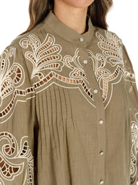 WOMEN'S LONG PUFF SLEEVE BUTTON UP EYELET DETAILED BLOUSE