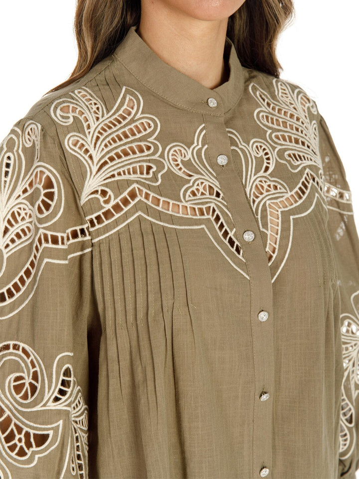 WOMEN'S LONG PUFF SLEEVE BUTTON UP EYELET DETAILED BLOUSE