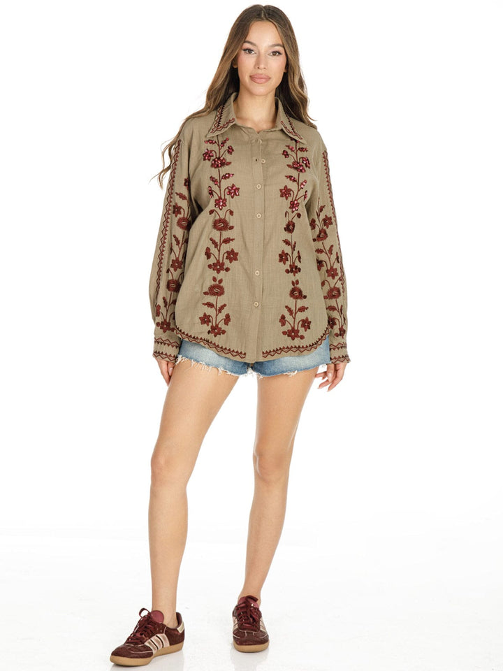 WOMEN'S LONG SLEEVE BUTTON UP EMBROIDERY FLORAL BLOUSE