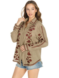 WOMEN'S LONG SLEEVE BUTTON UP EMBROIDERY FLORAL BLOUSE