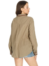 WOMEN'S LONG SLEEVE BUTTON UP EMBROIDERY FLORAL BLOUSE