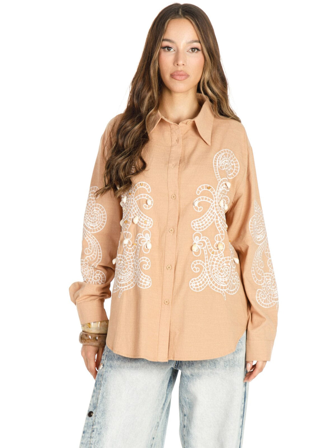 WOMEN'S LONG SLEEVE BUTTON UP EMBROIDERY DETAILED BLOUSE